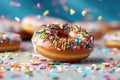 Traditional Berliner for carnival and party. German Krapfen or donuts with streamers and confetti. Colorful carnival or birthday Royalty Free Stock Photo