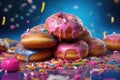 Traditional Berliner for carnival and party. German Krapfen or donuts with streamers and confetti. Colorful carnival or birthday Royalty Free Stock Photo