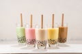 Traditional beverage of asia taiwan, glasses of Ice buble or boba milk tea with straw on white background