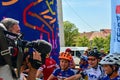 Traditional bike competition Bicycle for life . Racers waiting to start. Reporter of Czech television asking young Royalty Free Stock Photo