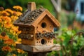traditional birdhouse with a smattering of seeds