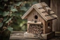 traditional birdhouse with a smattering of seeds