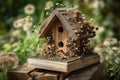 traditional birdhouse with a smattering of seeds