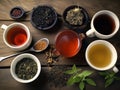 Traditional black and herbal tea collection for breakfast on wooden table top view. Drinks in cups for Tea Day. Generative AI Royalty Free Stock Photo