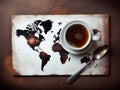 Traditional black tea for breakfast on world map background top view. Drink in cup for International Tea Day. Generative AI