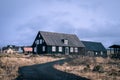 A traditional, black wooden icelandic house in Arbaersafn, Reykjavik, Iceland.