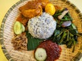 Traditional blue pea flower malay rice with side dishes chicken, chili, anchovies, cucumber, vegetable, egg