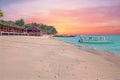 Traditional boat on Gili Meno beach in Indonesia at sunset