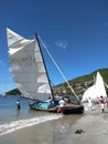 Locally built sailboats getting ready for a race in the windward islands