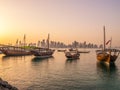 Traditional boats called Dhows are anchored in the port Royalty Free Stock Photo