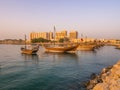 Traditional boats called Dhows are anchored in the port Royalty Free Stock Photo