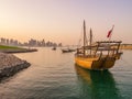 Traditional boats called Dhows are anchored in the port Royalty Free Stock Photo