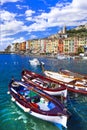 Traditional boats and colorful houses in Portovenere village,Cinque Terre,Liguria,Italy Royalty Free Stock Photo