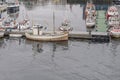 Traditional boats moored at floating quay at artic polar village harbor, Vardo, Norway