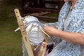Traditional  bobbin lace making hands closeup Royalty Free Stock Photo