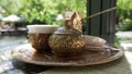 Traditional Bosnian coffee on the table with a turkish delight, Blagaj Tekija - Bosnia Royalty Free Stock Photo