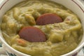 Traditional bowl with Dutch pea soup close up