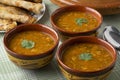 Traditional bowl of Moroccan harira close up and filled Msemmen