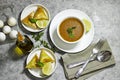 traditional bowl of spiced algerian vegetable soup named (Harira) and meat bourak