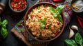 A traditional bowl of Thai basil chicken fried rice on the woven cloth. Generative AI Royalty Free Stock Photo