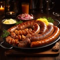 Traditional Bratwurst in Germany. Frying pan with bratwurst. Royalty Free Stock Photo