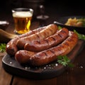 Traditional Bratwurst in Germany. Frying pan with bratwurst. Royalty Free Stock Photo