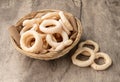 Traditional brazilian polvilho or starch biscuit on a basket over wooden table