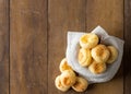 Traditional Brazilian Snack Cheese Bread in a pot. On a wooden table background. copy space