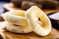 Traditional Brazilian starch biscuit called polvilho biscuit, on wooden table