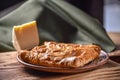 Traditional bread pita or khachapuri on the table with herbs. Homemade baking recipe Royalty Free Stock Photo