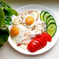 Traditional breakfast with bacon, fried eggs, cucumbers, tomatoes and feta cheese.
