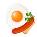 Traditional breakfast fried egg with sausage decorated with parsley