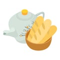 Traditional breakfast icon isometric vector. Porcelain teapot and bread baguette