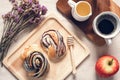 Traditional Breakfast Natural Vegetarian Food With Chocolate Babka Bread, Coffee and Honey on The Table, Homemade Freshly Baked Royalty Free Stock Photo