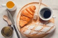 Traditional Breakfast Natural Vegetarian Food With Sourdough Bread, Coffee, Honey, Croissant on The Table., Homemade Freshly Baked Royalty Free Stock Photo