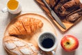 Traditional Breakfast Natural Vegetarian Food With Sourdough Bread, Coffee, Honey, Croissant on The Table., Homemade Freshly Baked Royalty Free Stock Photo