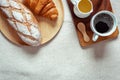 Traditional Breakfast Natural Vegetarian Food With Sourdoughs Bread, Coffee, Honey, Croissant on The Table., Homemade Freshly