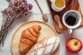 Traditional Breakfast Natural Vegetarian Food With Sourdoughs Bread, Coffee, Honey, Croissant on The Table., Homemade Freshly