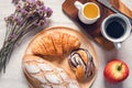 Traditional Breakfast Natural Vegetarian Food With Sourdoughs Bread, Coffee, Honey, Croissant on The Table., Homemade Freshly