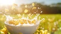 a traditional breakfast scene with cornflakes falling and splashing into milk within a bowl, set against the backdrop of