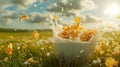 a traditional breakfast scene with cornflakes falling and splashing into milk within a bowl, set against the backdrop of