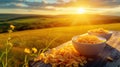 a traditional breakfast scene with cornflakes falling and splashing into milk within a bowl, set against the backdrop of