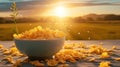 a traditional breakfast scene with cornflakes falling and splashing into milk within a bowl, set against the backdrop of