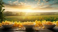 a traditional breakfast scene with cornflakes falling and splashing into milk within a bowl, set against the backdrop of