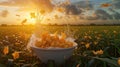 a traditional breakfast scene with cornflakes falling and splashing into milk within a bowl, set against the backdrop of