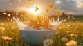 a traditional breakfast scene with cornflakes falling and splashing into milk within a bowl, set against the backdrop of