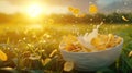 a traditional breakfast scene with cornflakes falling and splashing into milk within a bowl, set against the backdrop of