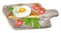 Traditional breakfast toast with fried egg, tomatoes and herbs on cutting board. Cooking lunch, dinner. Hand drawn Royalty Free Stock Photo