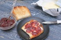 traditional breakfast with toasts, butter and berry jam or marmalade. rustic table and morning meal