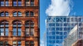 A traditional brick building stands juxtaposed against a modern glass highrise representing the blending of old and new Royalty Free Stock Photo